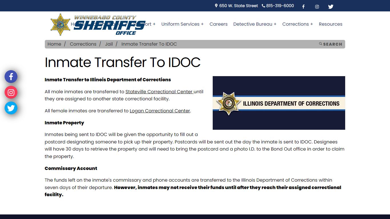 Winnebago Sheriff - Inmate Transfer To IDOC